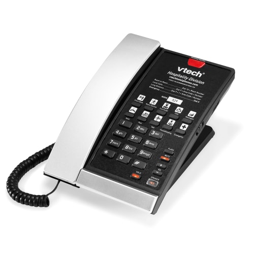 VTech® A2210 Single Line Analog Corded Speaker Telephone, 10 Guest Service Keys, Silver and Black